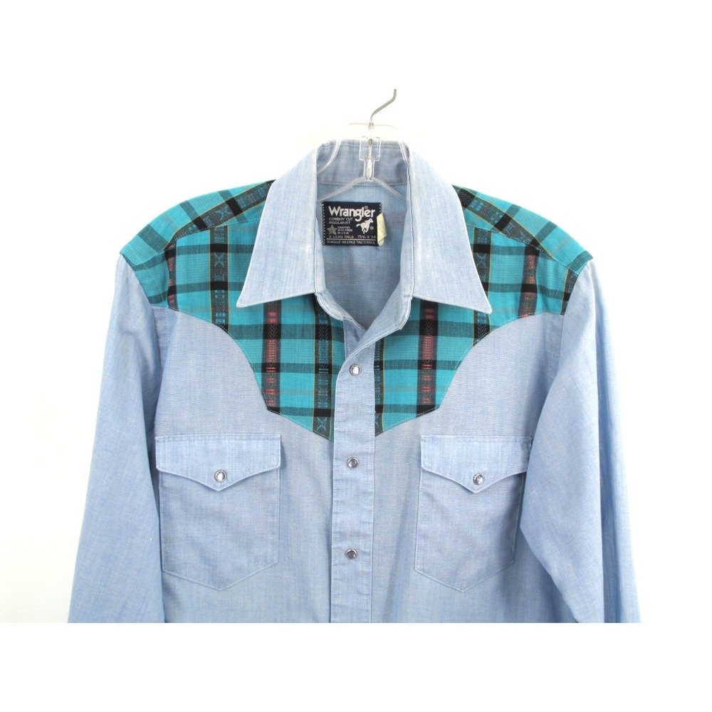 Wrangler Cowboy Cut Western Pearl Snap Shirt Mens 15.5x34 Blue Plaid Yoke VTG - Picture 2 of 16